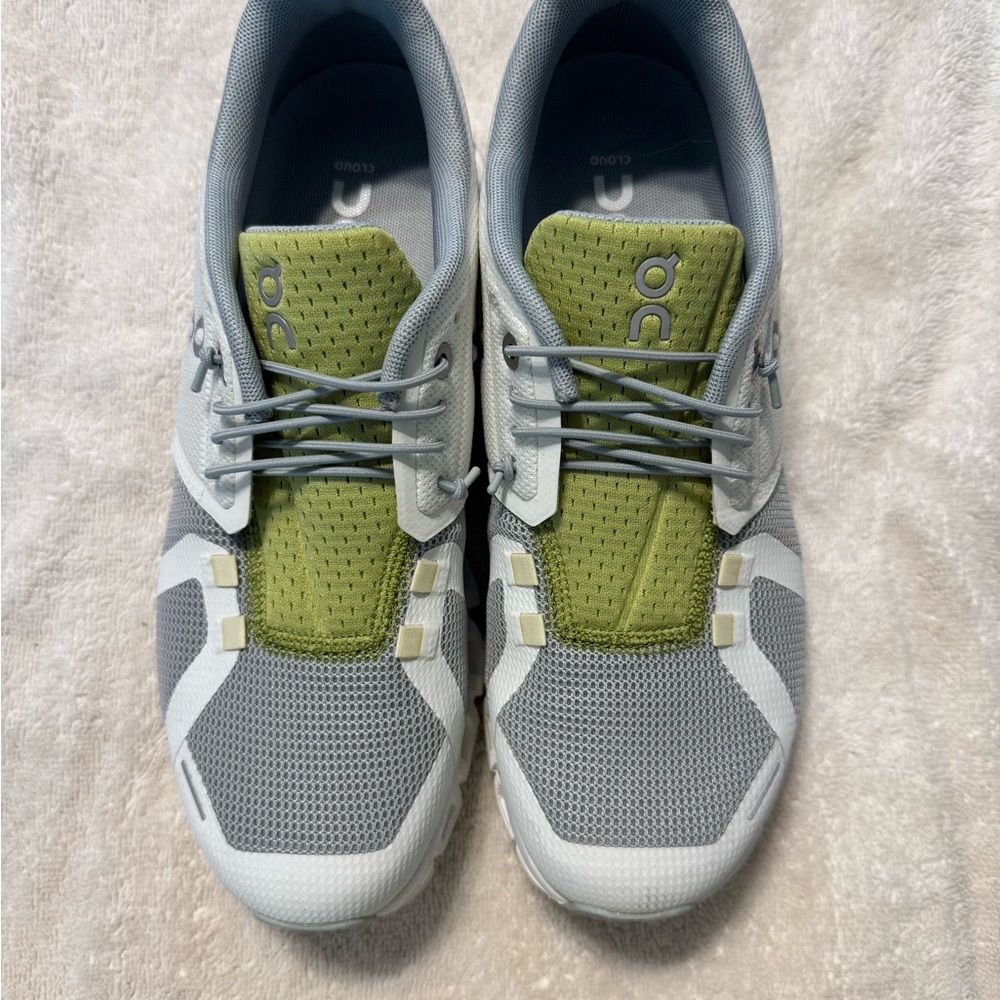 On Cloud Gray, White and Green Athletic Shoes